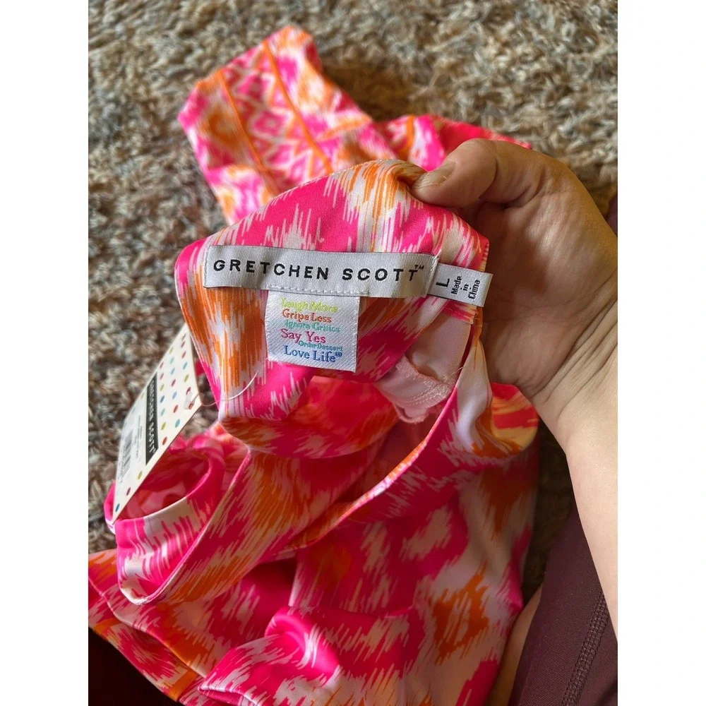 Gretchen Scott Jersey Dress Ikat Print Pink Orange White Pockets L - Picture 4 of 8